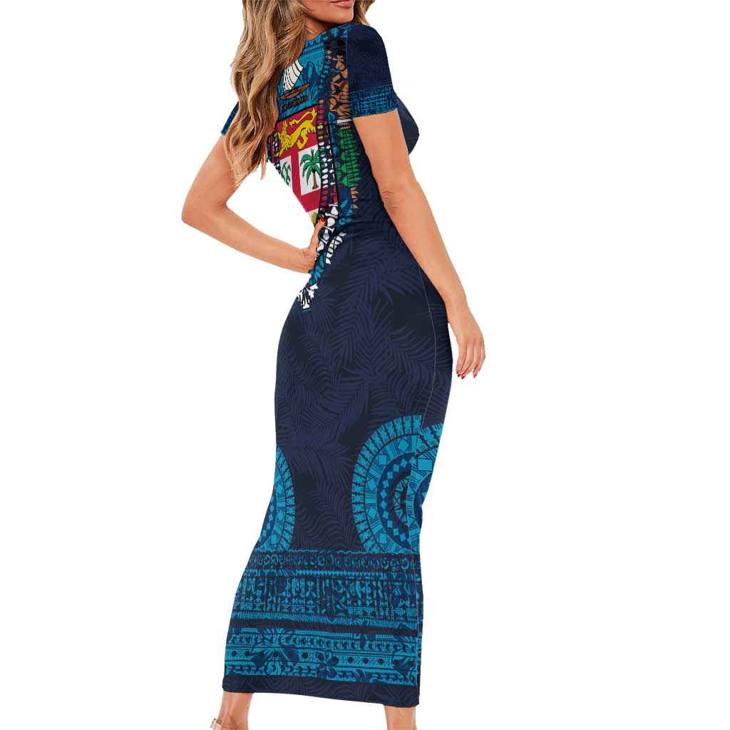 Fiji Coat of Arms Traditional Dashiki Short Sleeve Bodycon Dress Tapa Art and Palm Leaves Pattern Dark Navy Color - Polynesian Pride