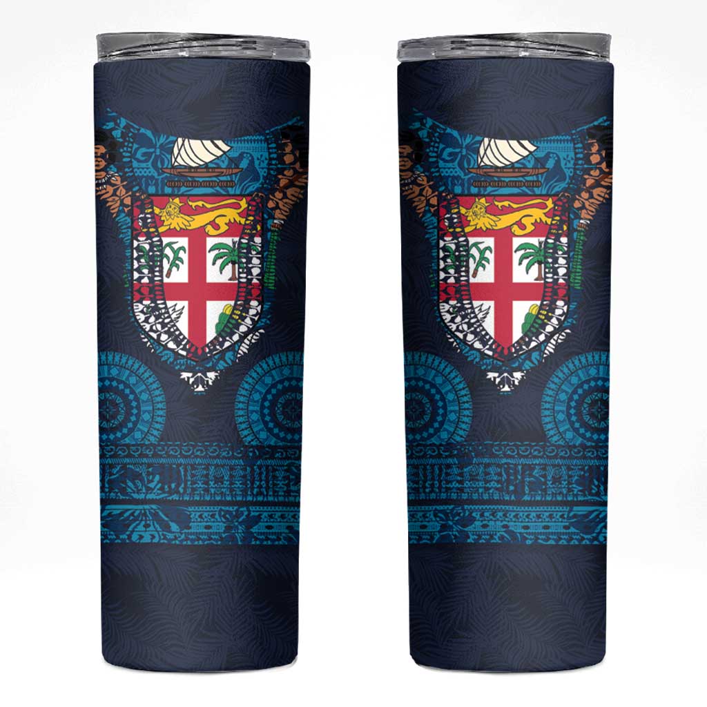 Fiji Coat of Arms Traditional Dashiki Skinny Tumbler Tapa Art and Palm Leaves Pattern Dark Navy Color - Polynesian Pride