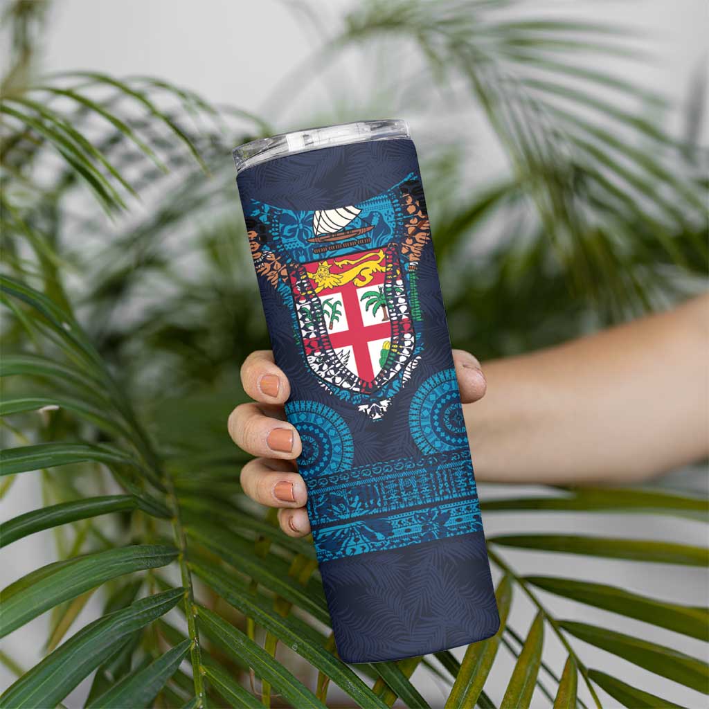 Fiji Coat of Arms Traditional Dashiki Skinny Tumbler Tapa Art and Palm Leaves Pattern Dark Navy Color - Polynesian Pride