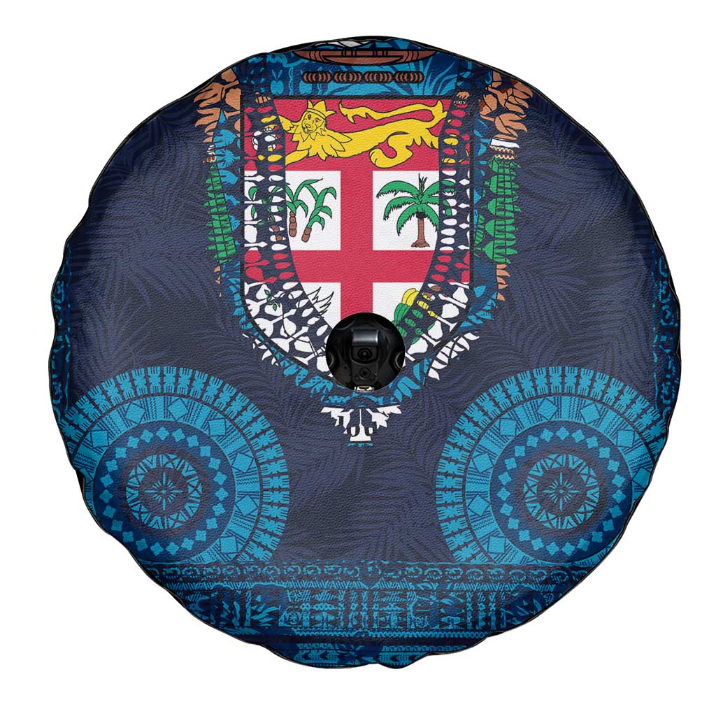 Fiji Coat of Arms Traditional Dashiki Spare Tire Cover Tapa Art and Palm Leaves Pattern Dark Navy Color - Polynesian Pride