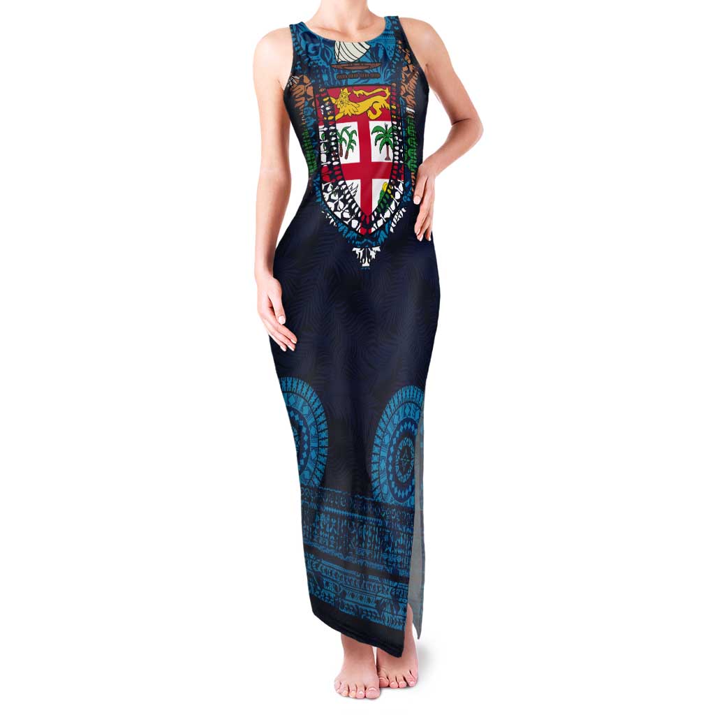 Fiji Coat of Arms Traditional Dashiki Tank Maxi Dress Tapa Art and Palm Leaves Pattern Dark Navy Color - Polynesian Pride