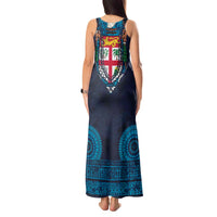 Fiji Coat of Arms Traditional Dashiki Tank Maxi Dress Tapa Art and Palm Leaves Pattern Dark Navy Color - Polynesian Pride