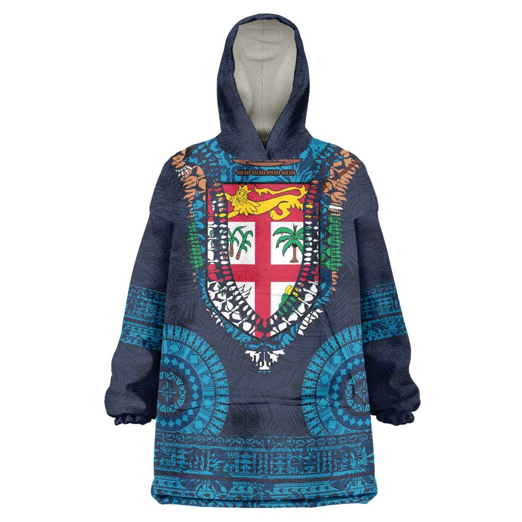 Fiji Coat of Arms Traditional Dashiki Wearable Blanket Hoodie Tapa Art and Palm Leaves Pattern Dark Navy Color - Polynesian Pride