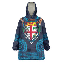 Fiji Coat of Arms Traditional Dashiki Wearable Blanket Hoodie Tapa Art and Palm Leaves Pattern Dark Navy Color - Polynesian Pride