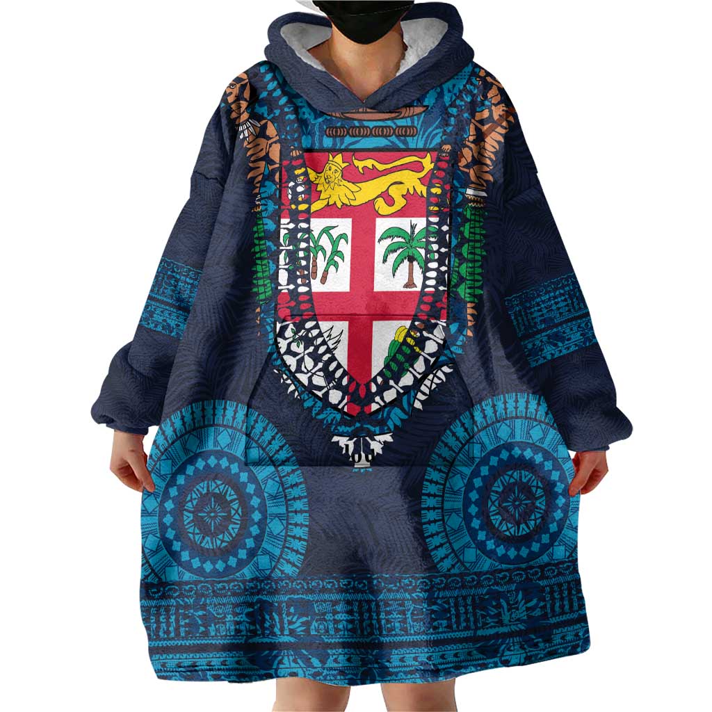 Fiji Coat of Arms Traditional Dashiki Wearable Blanket Hoodie Tapa Art and Palm Leaves Pattern Dark Navy Color - Polynesian Pride