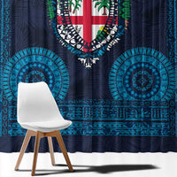 Fiji Coat of Arms Traditional Dashiki Window Curtain Tapa Art and Palm Leaves Pattern Dark Navy Color - Polynesian Pride