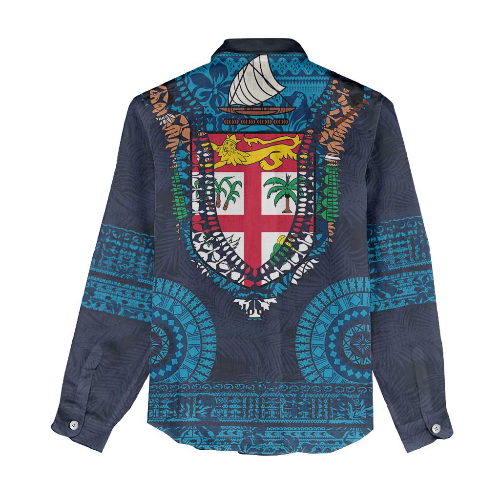 Fiji Coat of Arms Traditional Dashiki Women Casual Shirt Tapa Art and Palm Leaves Pattern Dark Navy Color - Polynesian Pride