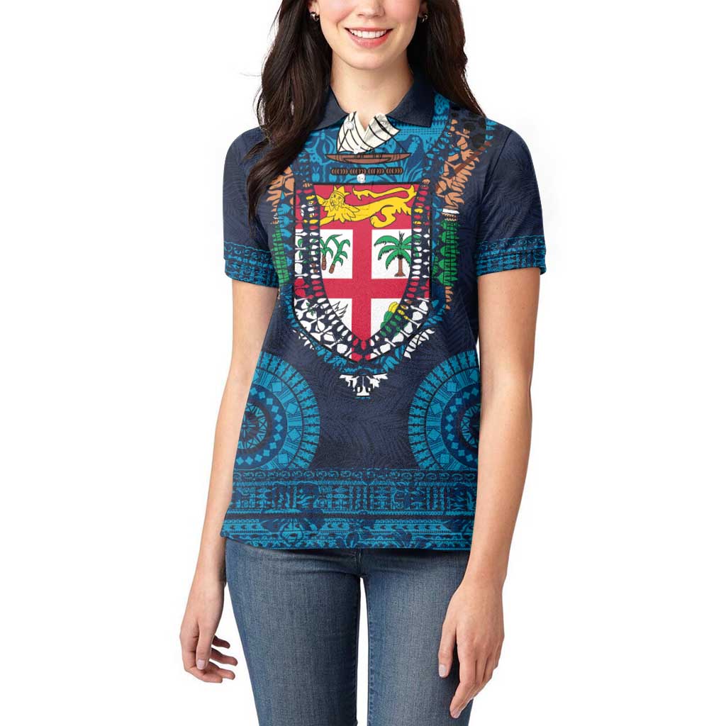 Fiji Coat of Arms Traditional Dashiki Women Polo Shirt Tapa Art and Palm Leaves Pattern Dark Navy Color - Polynesian Pride