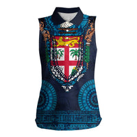 Fiji Coat of Arms Traditional Dashiki Women Sleeveless Polo Shirt Tapa Art and Palm Leaves Pattern Dark Navy Color - Polynesian Pride