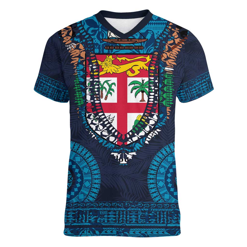 Fiji Coat of Arms Traditional Dashiki Women V-Neck T-Shirt Tapa Art and Palm Leaves Pattern Dark Navy Color - Polynesian Pride