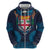 Fiji Coat of Arms Traditional Dashiki Zip Hoodie Tapa Art and Palm Leaves Pattern Dark Navy Color - Polynesian Pride