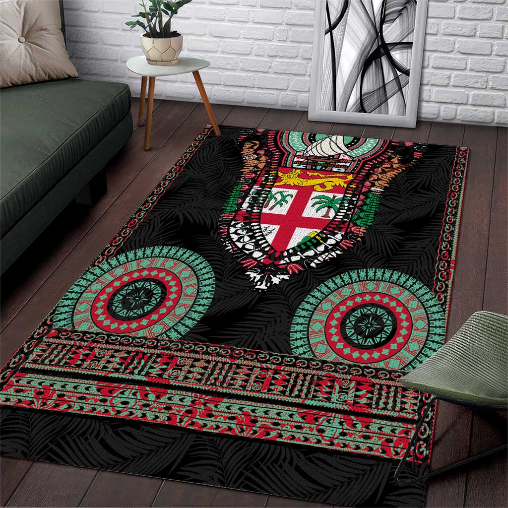 Fiji Coat of Arms Traditional Dashiki Area Rug Tapa Art and Palm Leaves Pattern Black Color - Polynesian Pride