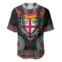 Fiji Coat of Arms Traditional Dashiki Baseball Jersey Tapa Art and Palm Leaves Pattern Black Color - Polynesian Pride