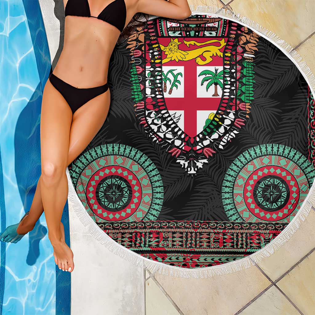 Fiji Coat of Arms Traditional Dashiki Beach Blanket Tapa Art and Palm Leaves Pattern Black Color - Polynesian Pride