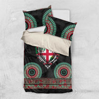 Fiji Coat of Arms Traditional Dashiki Bedding Set Tapa Art and Palm Leaves Pattern Black Color - Polynesian Pride