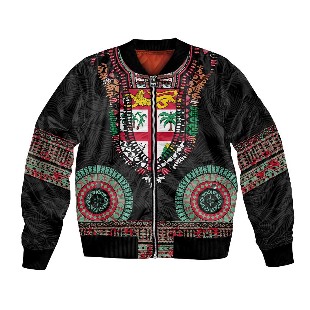 Fiji Coat of Arms Traditional Dashiki Bomber Jacket Tapa Art and Palm Leaves Pattern Black Color - Polynesian Pride