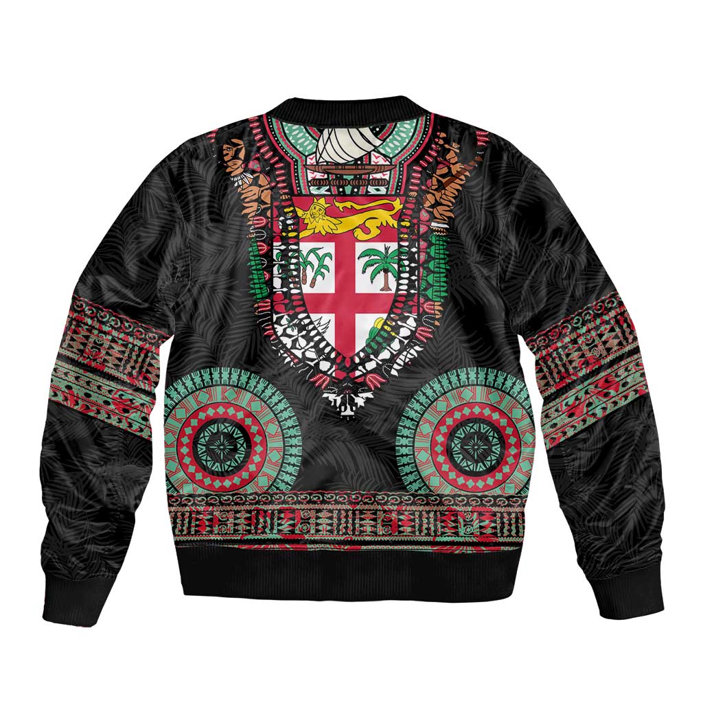 Fiji Coat of Arms Traditional Dashiki Bomber Jacket Tapa Art and Palm Leaves Pattern Black Color - Polynesian Pride