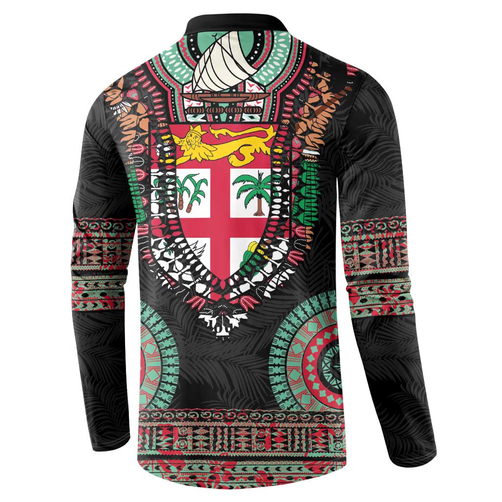 Fiji Coat of Arms Traditional Dashiki Button Sweatshirt Tapa Art and Palm Leaves Pattern Black Color - Polynesian Pride