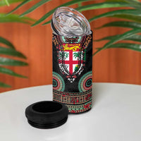 Fiji Coat of Arms Traditional Dashiki 4 in 1 Can Cooler Tumbler Tapa Art and Palm Leaves Pattern Black Color - Polynesian Pride