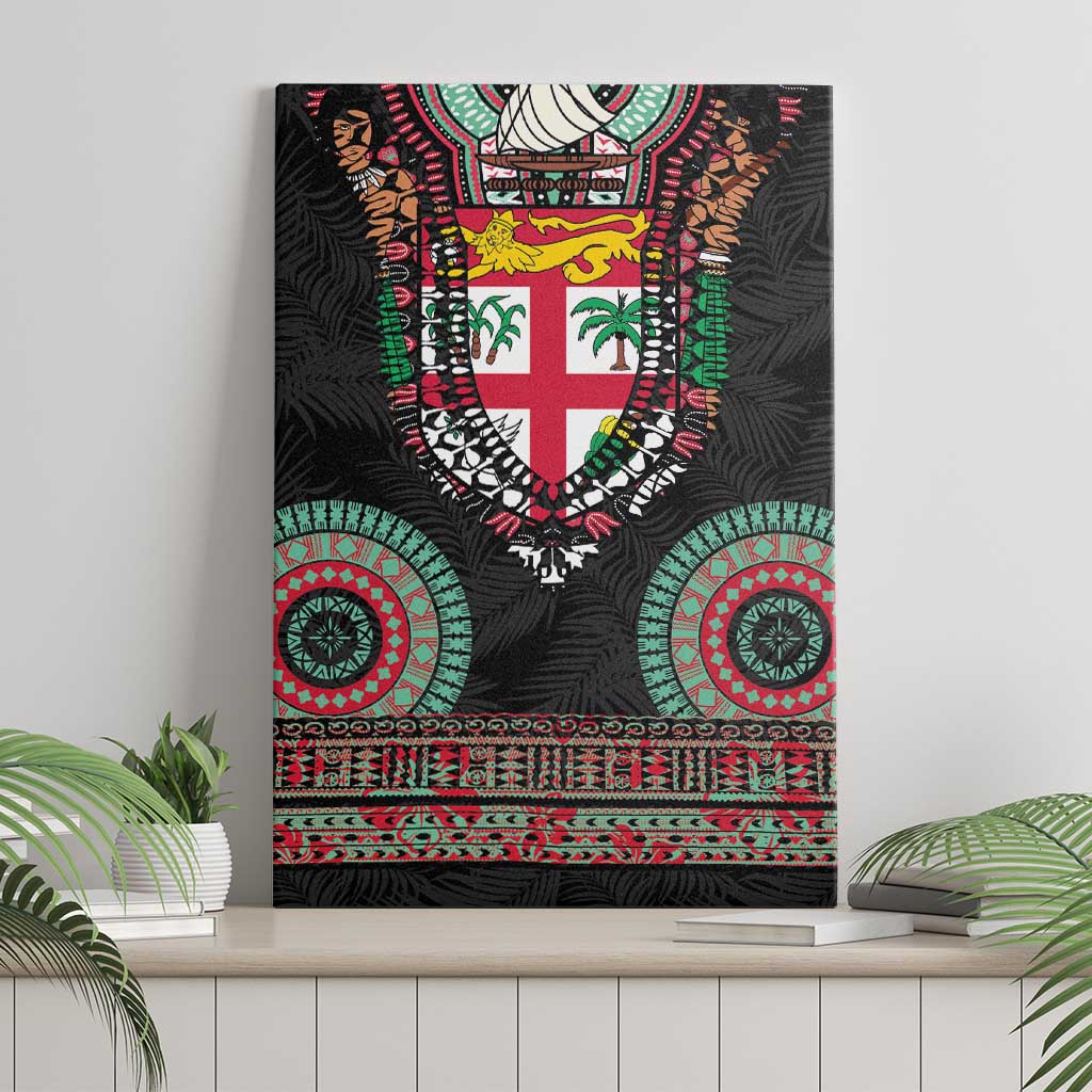 Fiji Coat of Arms Traditional Dashiki Canvas Wall Art Tapa Art and Palm Leaves Pattern Black Color - Polynesian Pride