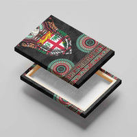 Fiji Coat of Arms Traditional Dashiki Canvas Wall Art Tapa Art and Palm Leaves Pattern Black Color - Polynesian Pride