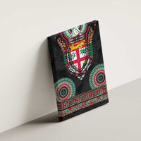 Fiji Coat of Arms Traditional Dashiki Canvas Wall Art Tapa Art and Palm Leaves Pattern Black Color - Polynesian Pride