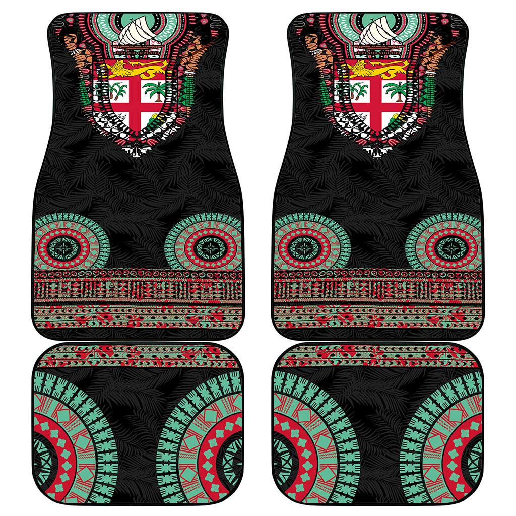 Fiji Coat of Arms Traditional Dashiki Car Mats Tapa Art and Palm Leaves Pattern Black Color - Polynesian Pride
