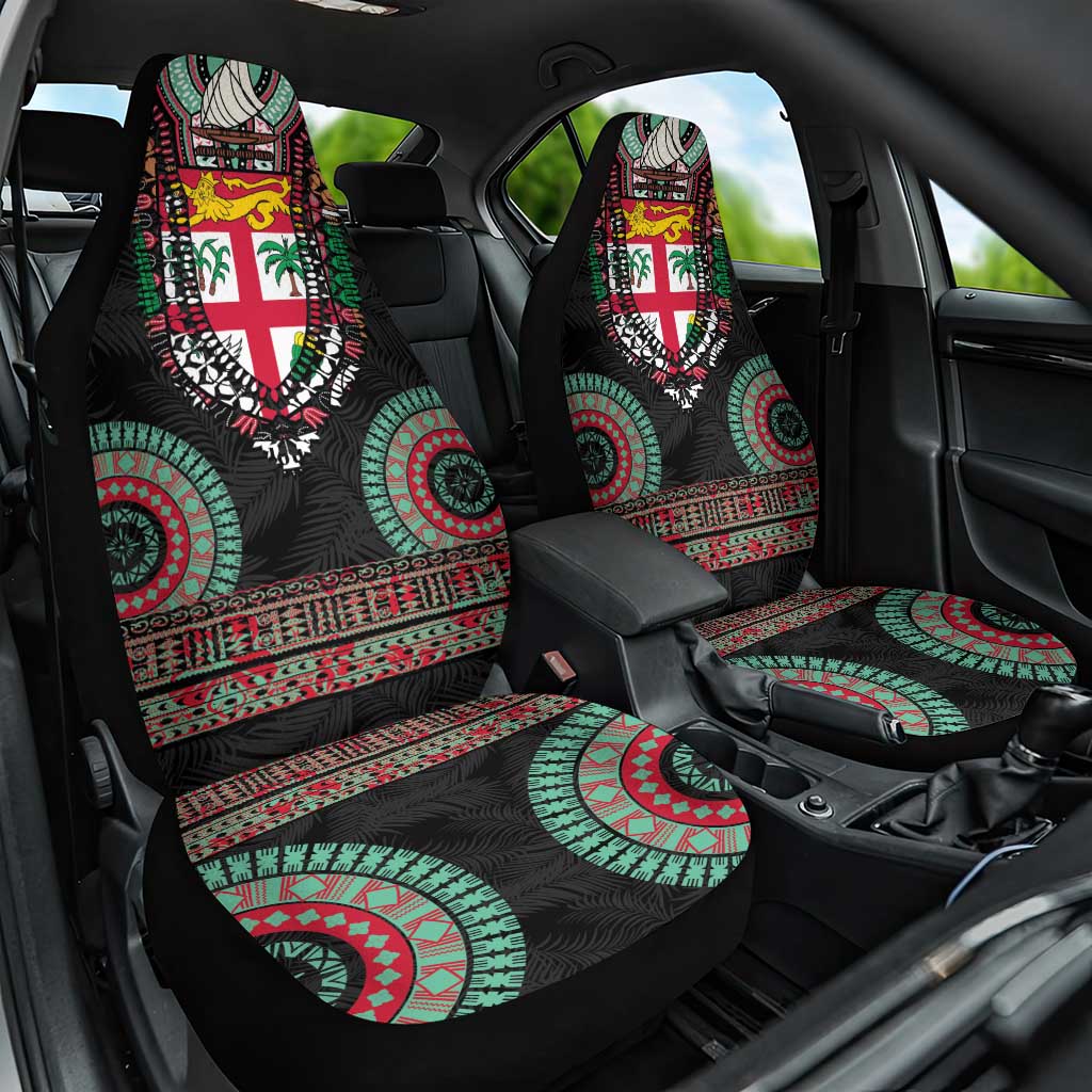 Fiji Coat of Arms Traditional Dashiki Car Seat Cover Tapa Art and Palm Leaves Pattern Black Color - Polynesian Pride