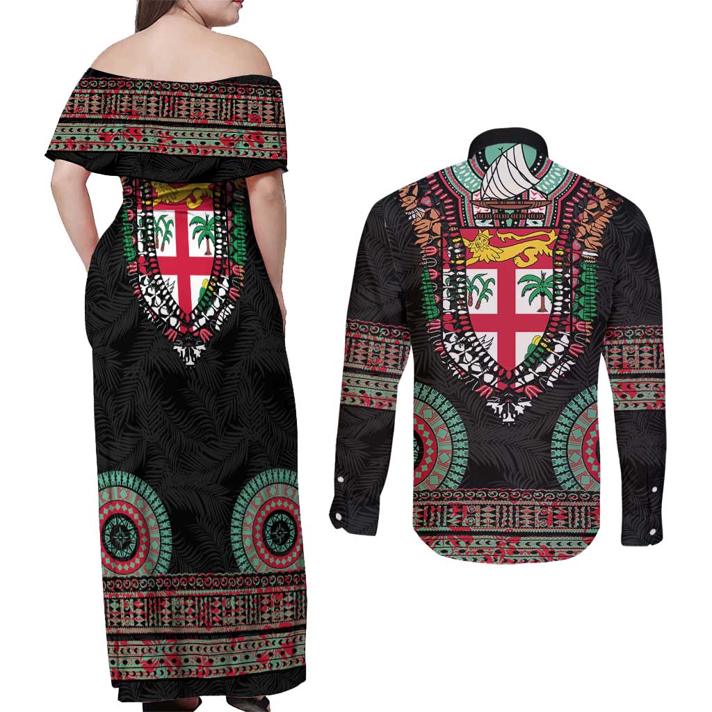 Fiji Coat of Arms Traditional Dashiki Couples Matching Off Shoulder Maxi Dress and Long Sleeve Button Shirt Tapa Art and Palm Leaves Pattern Black Color - Polynesian Pride
