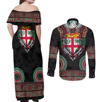Fiji Coat of Arms Traditional Dashiki Couples Matching Off Shoulder Maxi Dress and Long Sleeve Button Shirt Tapa Art and Palm Leaves Pattern Black Color - Polynesian Pride