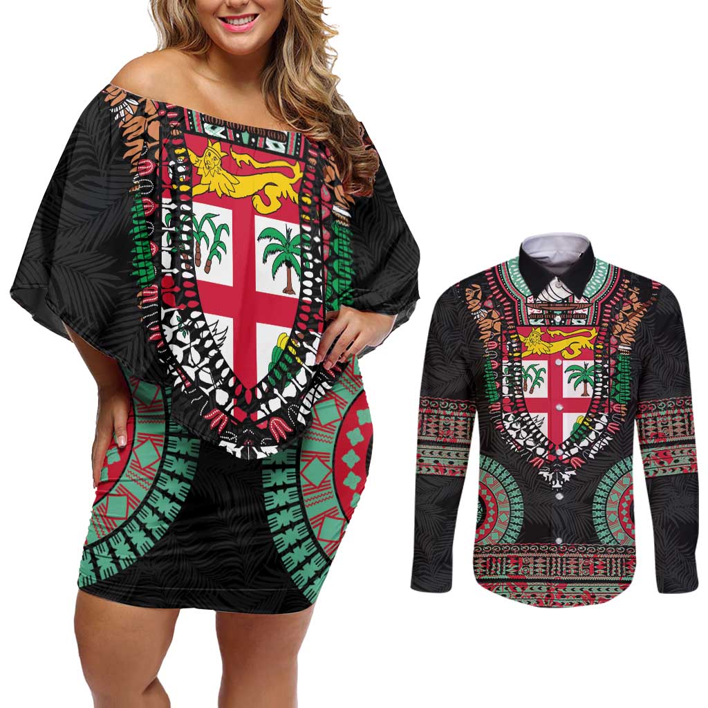Fiji Coat of Arms Traditional Dashiki Couples Matching Off Shoulder Short Dress and Long Sleeve Button Shirt Tapa Art and Palm Leaves Pattern Black Color - Polynesian Pride