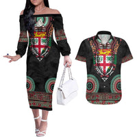 Fiji Coat of Arms Traditional Dashiki Couples Matching Off The Shoulder Long Sleeve Dress and Hawaiian Shirt Tapa Art and Palm Leaves Pattern Black Color - Polynesian Pride