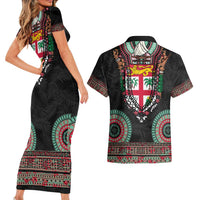 Fiji Coat of Arms Traditional Dashiki Couples Matching Short Sleeve Bodycon Dress and Hawaiian Shirt Tapa Art and Palm Leaves Pattern Black Color - Polynesian Pride