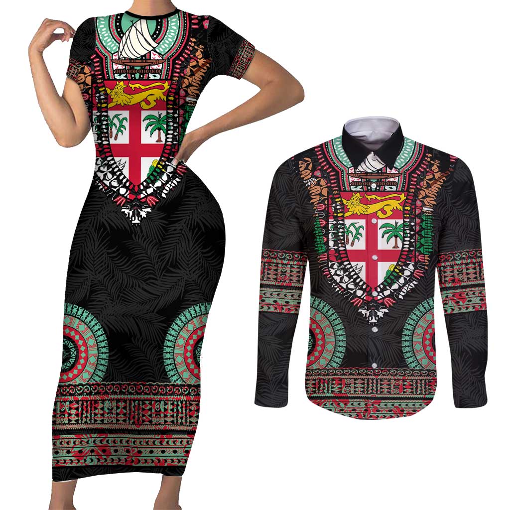 Fiji Coat of Arms Traditional Dashiki Couples Matching Short Sleeve Bodycon Dress and Long Sleeve Button Shirt Tapa Art and Palm Leaves Pattern Black Color - Polynesian Pride