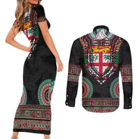 Fiji Coat of Arms Traditional Dashiki Couples Matching Short Sleeve Bodycon Dress and Long Sleeve Button Shirt Tapa Art and Palm Leaves Pattern Black Color - Polynesian Pride