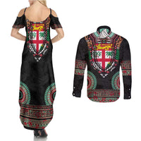 Fiji Coat of Arms Traditional Dashiki Couples Matching Summer Maxi Dress and Long Sleeve Button Shirt Tapa Art and Palm Leaves Pattern Black Color - Polynesian Pride