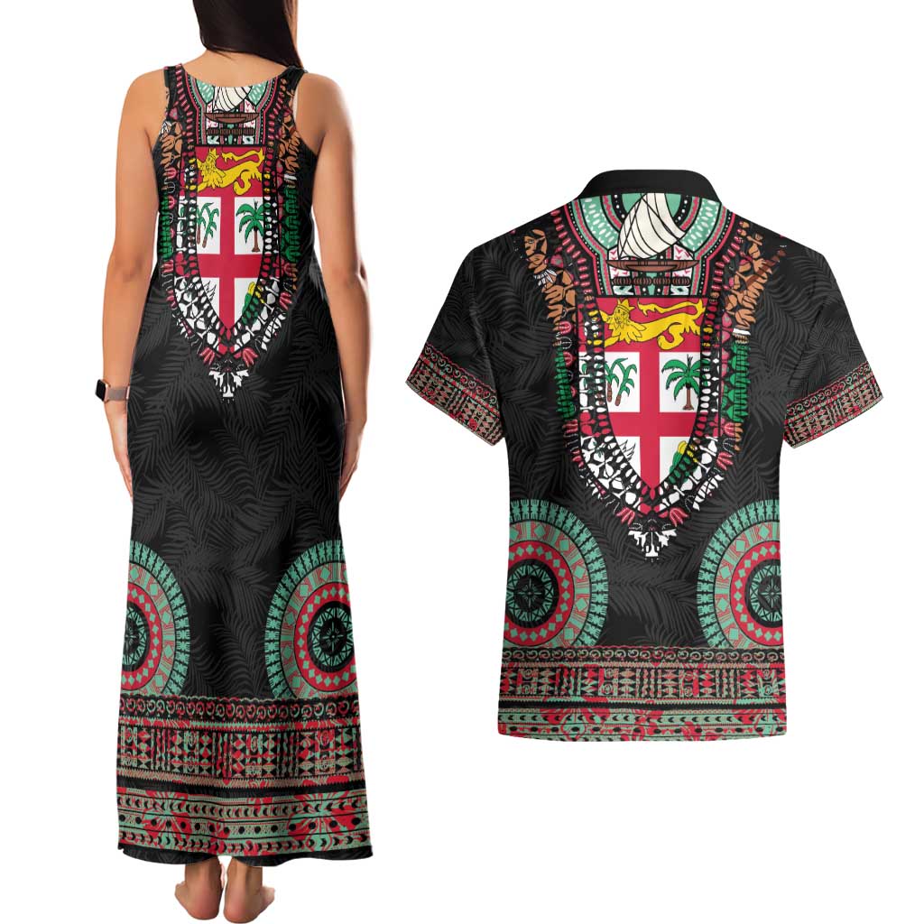 Fiji Coat of Arms Traditional Dashiki Couples Matching Tank Maxi Dress and Hawaiian Shirt Tapa Art and Palm Leaves Pattern Black Color - Polynesian Pride