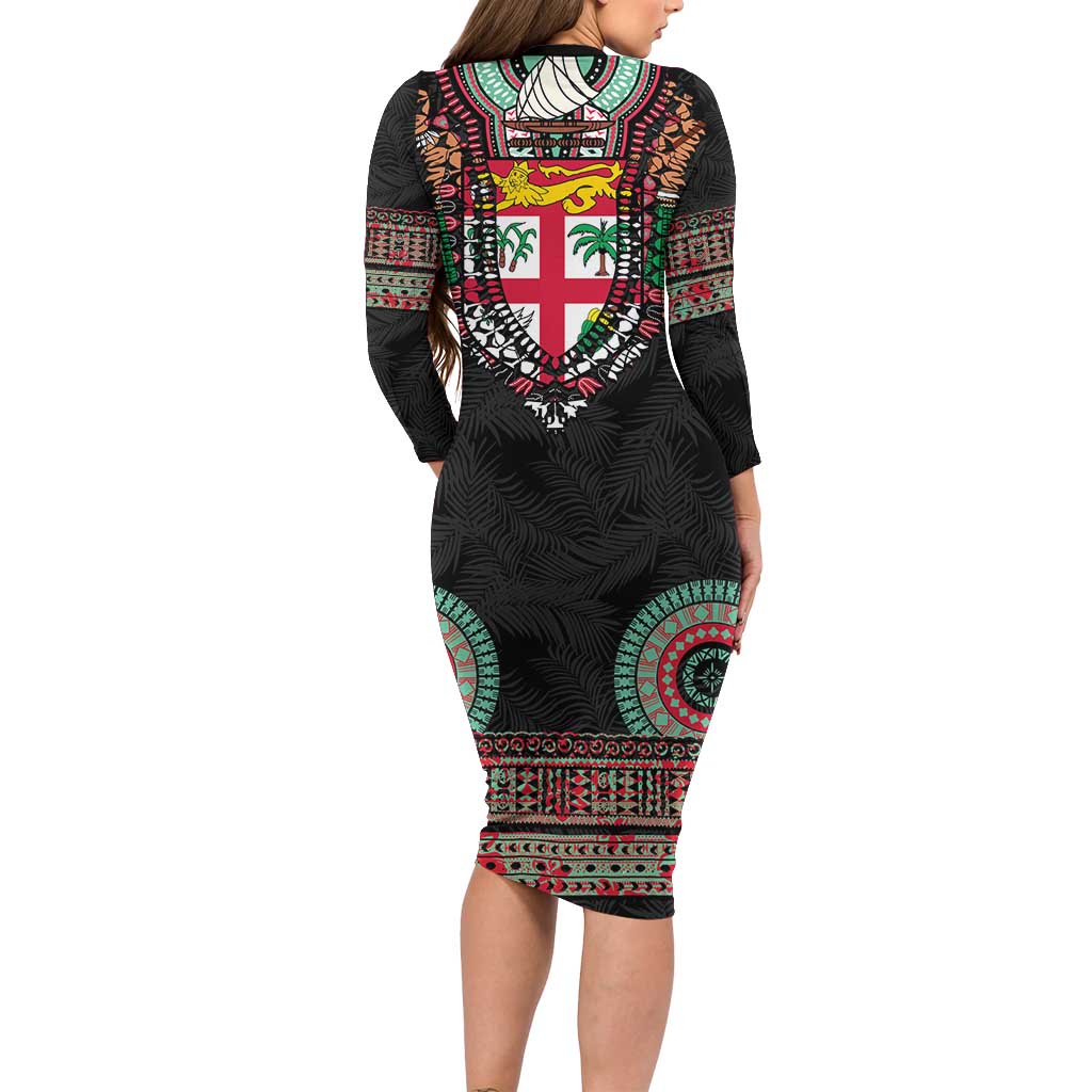 Fiji Coat of Arms Traditional Dashiki Family Matching Long Sleeve Bodycon Dress and Hawaiian Shirt Tapa Art and Palm Leaves Pattern Black Color - Polynesian Pride