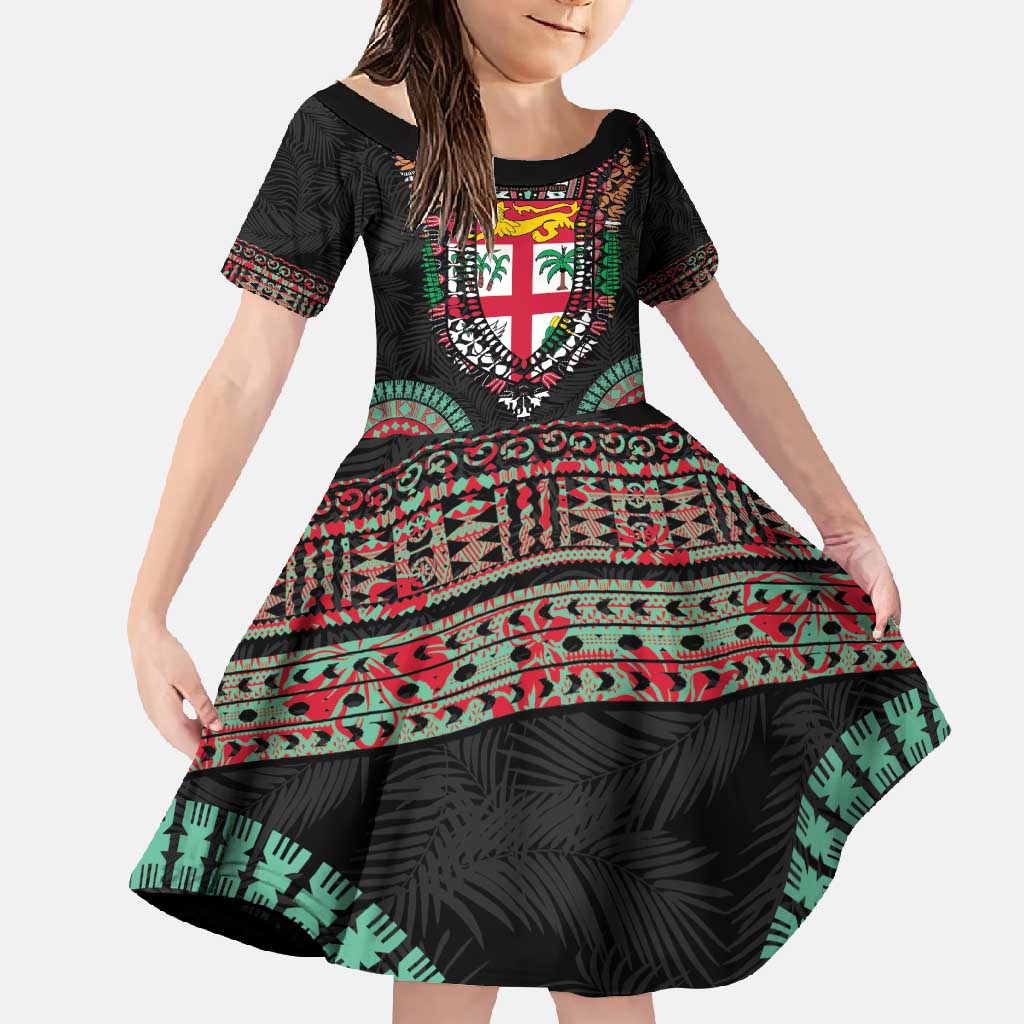 Fiji Coat of Arms Traditional Dashiki Family Matching Mermaid Dress and Hawaiian Shirt Tapa Art and Palm Leaves Pattern Black Color - Polynesian Pride