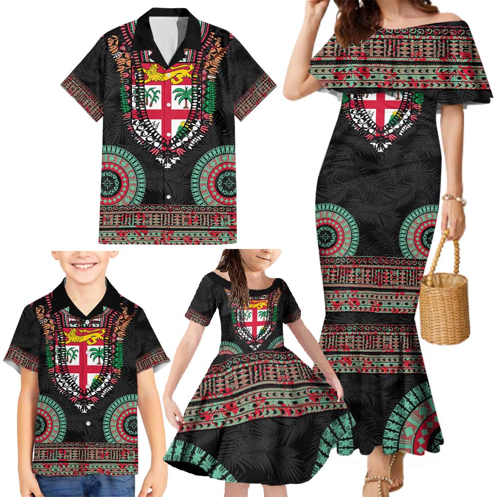 Fiji Coat of Arms Traditional Dashiki Family Matching Mermaid Dress and Hawaiian Shirt Tapa Art and Palm Leaves Pattern Black Color - Polynesian Pride