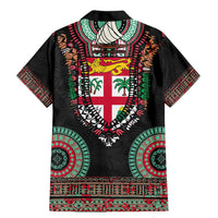 Fiji Coat of Arms Traditional Dashiki Family Matching Mermaid Dress and Hawaiian Shirt Tapa Art and Palm Leaves Pattern Black Color - Polynesian Pride