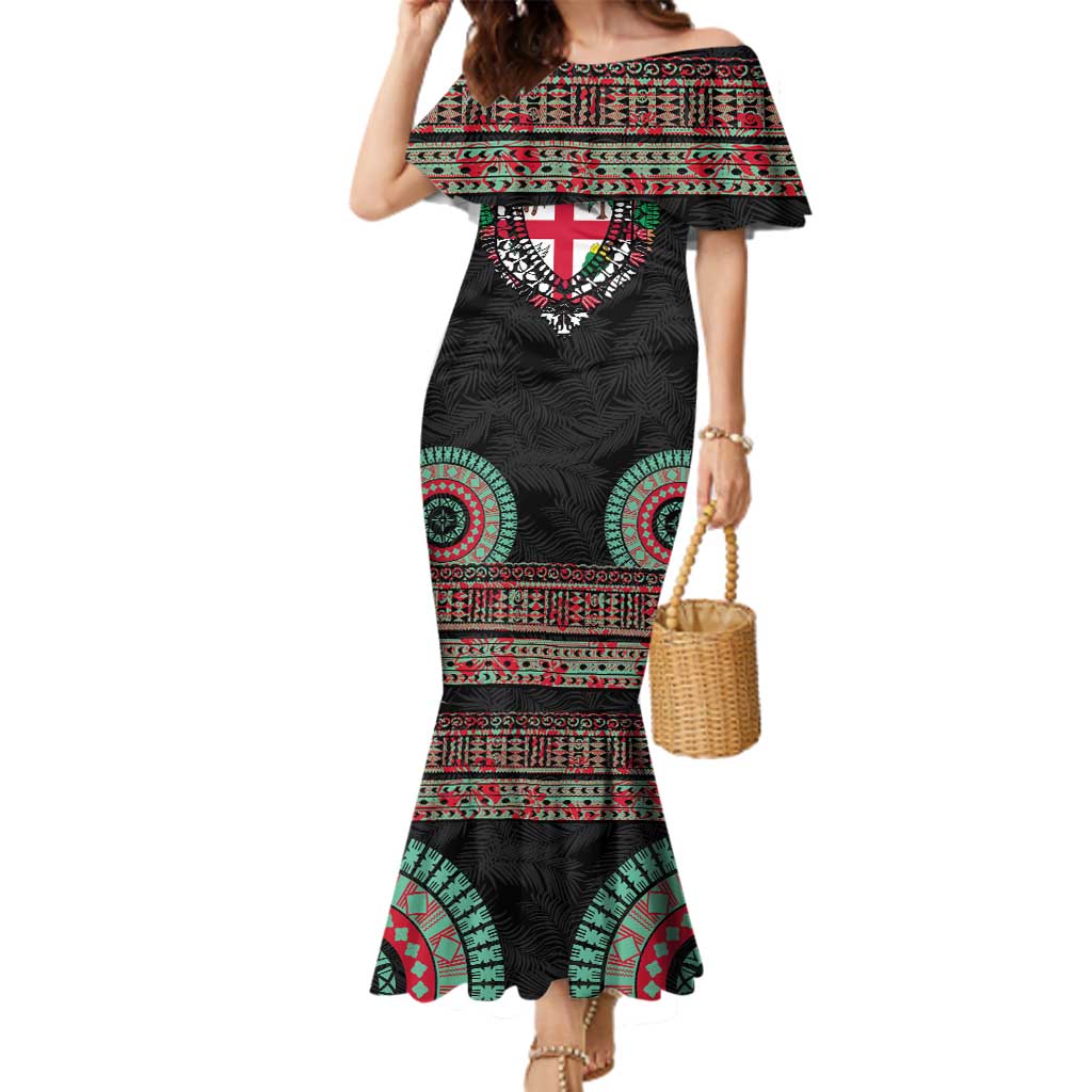 Fiji Coat of Arms Traditional Dashiki Family Matching Mermaid Dress and Hawaiian Shirt Tapa Art and Palm Leaves Pattern Black Color - Polynesian Pride