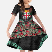 Fiji Coat of Arms Traditional Dashiki Family Matching Off Shoulder Maxi Dress and Hawaiian Shirt Tapa Art and Palm Leaves Pattern Black Color - Polynesian Pride