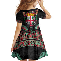 Fiji Coat of Arms Traditional Dashiki Family Matching Off Shoulder Maxi Dress and Hawaiian Shirt Tapa Art and Palm Leaves Pattern Black Color - Polynesian Pride