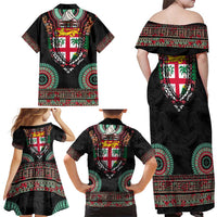 Fiji Coat of Arms Traditional Dashiki Family Matching Off Shoulder Maxi Dress and Hawaiian Shirt Tapa Art and Palm Leaves Pattern Black Color - Polynesian Pride