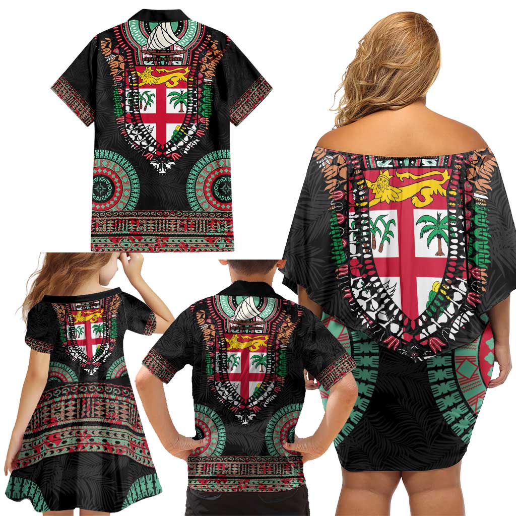 Fiji Coat of Arms Traditional Dashiki Family Matching Off Shoulder Short Dress and Hawaiian Shirt Tapa Art and Palm Leaves Pattern Black Color - Polynesian Pride