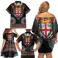 Fiji Coat of Arms Traditional Dashiki Family Matching Off Shoulder Short Dress and Hawaiian Shirt Tapa Art and Palm Leaves Pattern Black Color - Polynesian Pride
