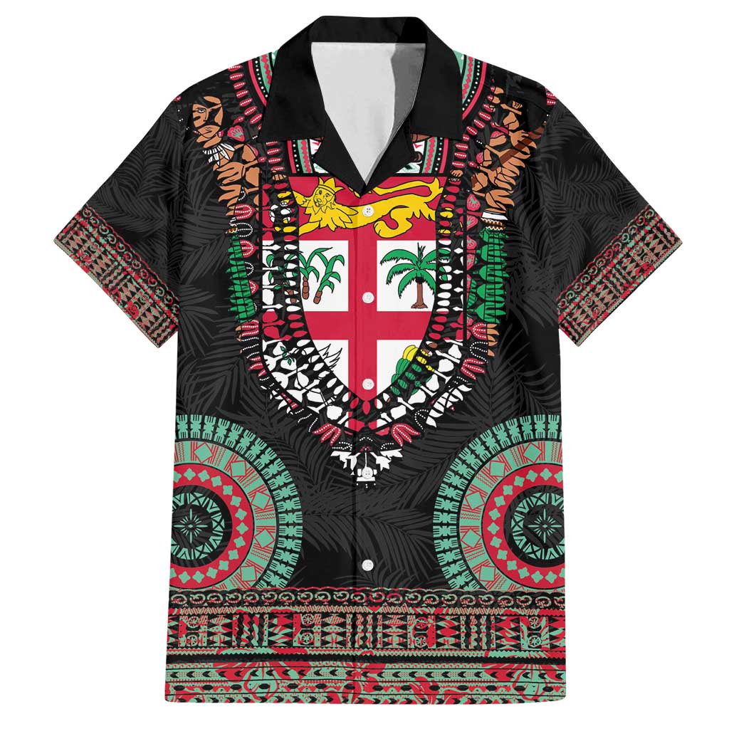 Fiji Coat of Arms Traditional Dashiki Family Matching Off Shoulder Short Dress and Hawaiian Shirt Tapa Art and Palm Leaves Pattern Black Color - Polynesian Pride