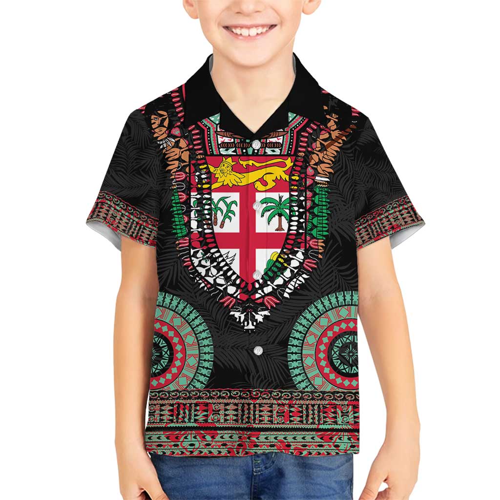 Fiji Coat of Arms Traditional Dashiki Family Matching Puletasi and Hawaiian Shirt Tapa Art and Palm Leaves Pattern Black Color - Polynesian Pride