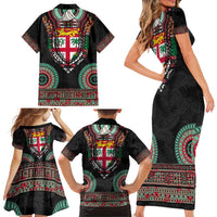 Fiji Coat of Arms Traditional Dashiki Family Matching Short Sleeve Bodycon Dress and Hawaiian Shirt Tapa Art and Palm Leaves Pattern Black Color - Polynesian Pride